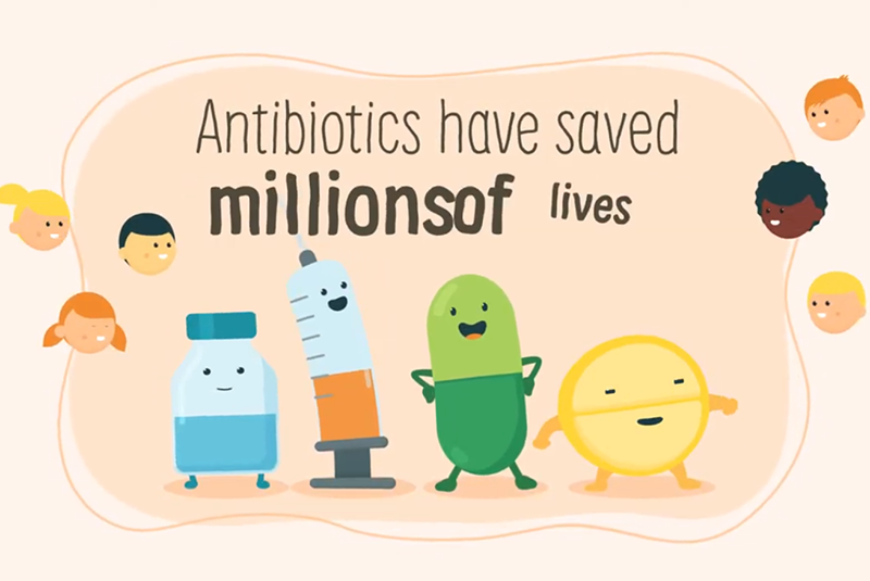 Animation showing microbes and caption 'antibiotics have saved millions of lives'
