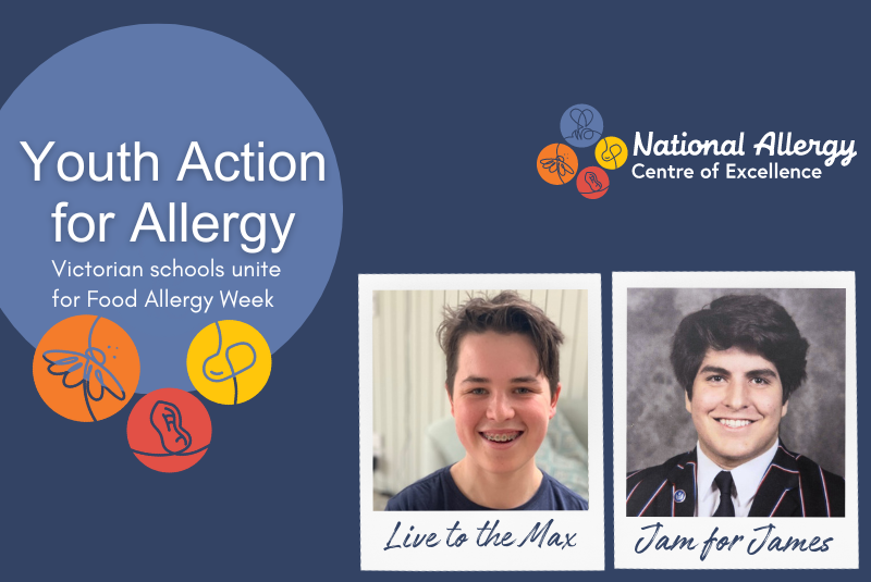 Youth Action For Allergy promotional material featuring James Tsindos and Max McKenzie