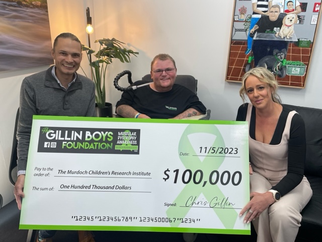 The Gillin Boys Co-founder Chris Gillin with Dr Peter Houweling and Dr Chantal Coles at the Cheque Presentation in Warrnambool, Victoria on Thursday 11 May 2023.