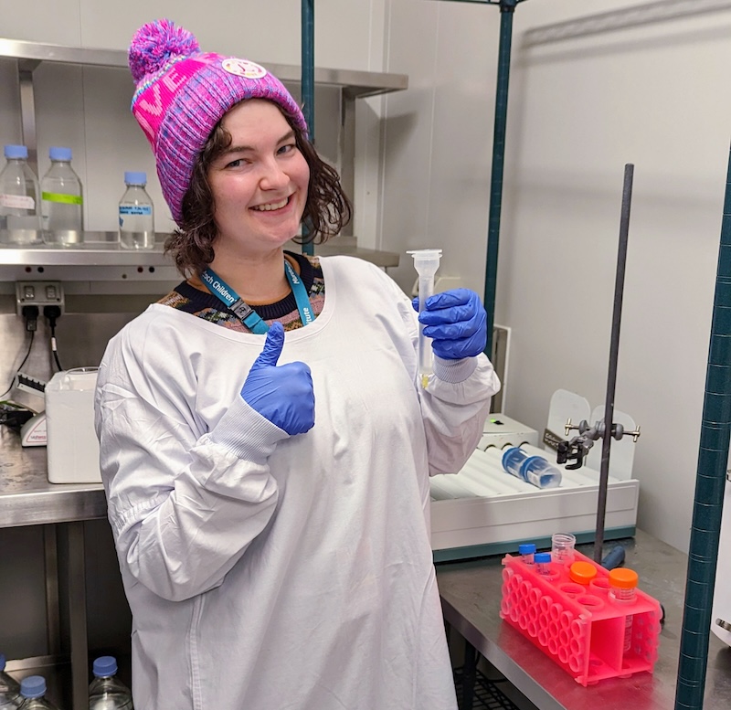 Cancer researcher Dr Morgan Marshall in a Live for Lily beanie