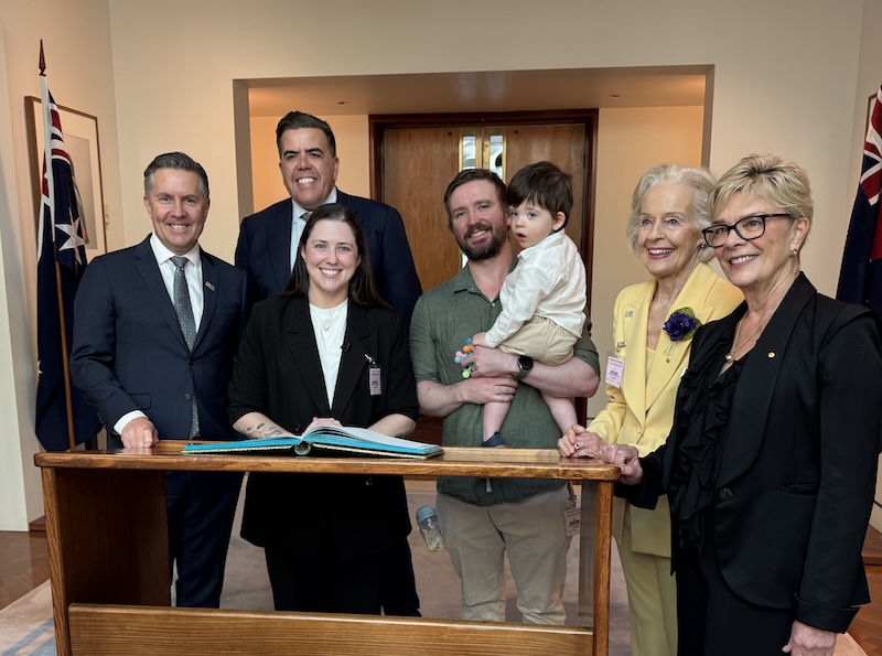 Federal Health Minister Mark Butler, Speaker of the House Milton Dick, Emma with  husband Chris and son Archer, 2, Dame Quentin Bryce AD CVO and MCRI Director Professor Kathryn North AC at the Parliament House event.