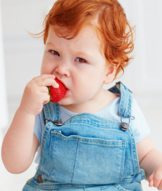 Little red haired girl eating strawberry