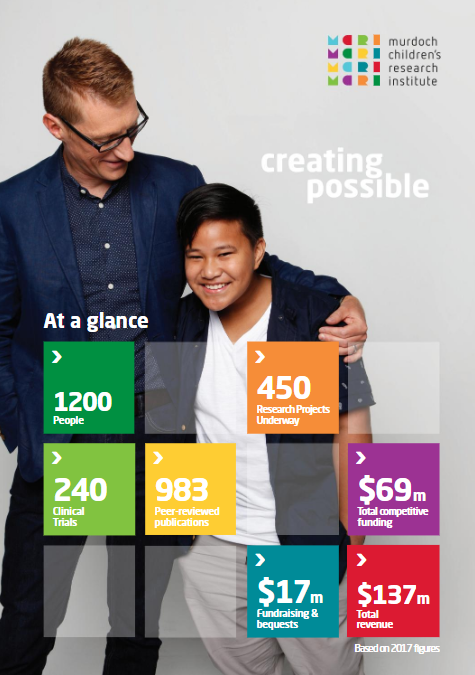 Cover of the corporate brochure featuring researcher and child