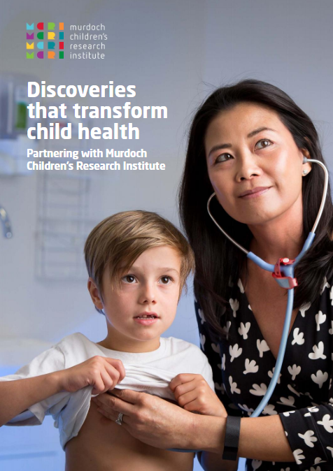 Cover of Partnering with MCRI document featuring researcher and child