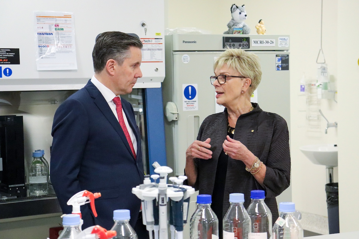 Federal Health Minister Mark Butler with MCRI Director Professor Kathryn North AC during the lab tour.