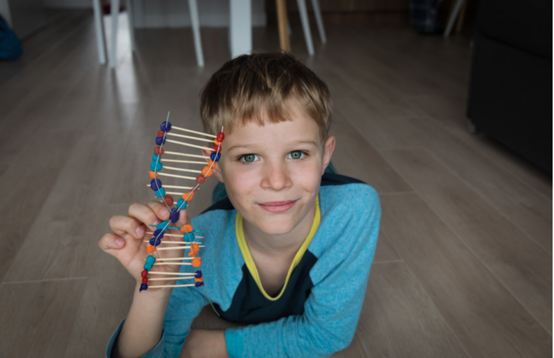 Boy with DNA strand toy